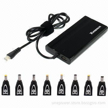 Slim Universal Laptop AC Adapter, 90W Automatic, 8 DC Connectors, With USB Slot, Black Color